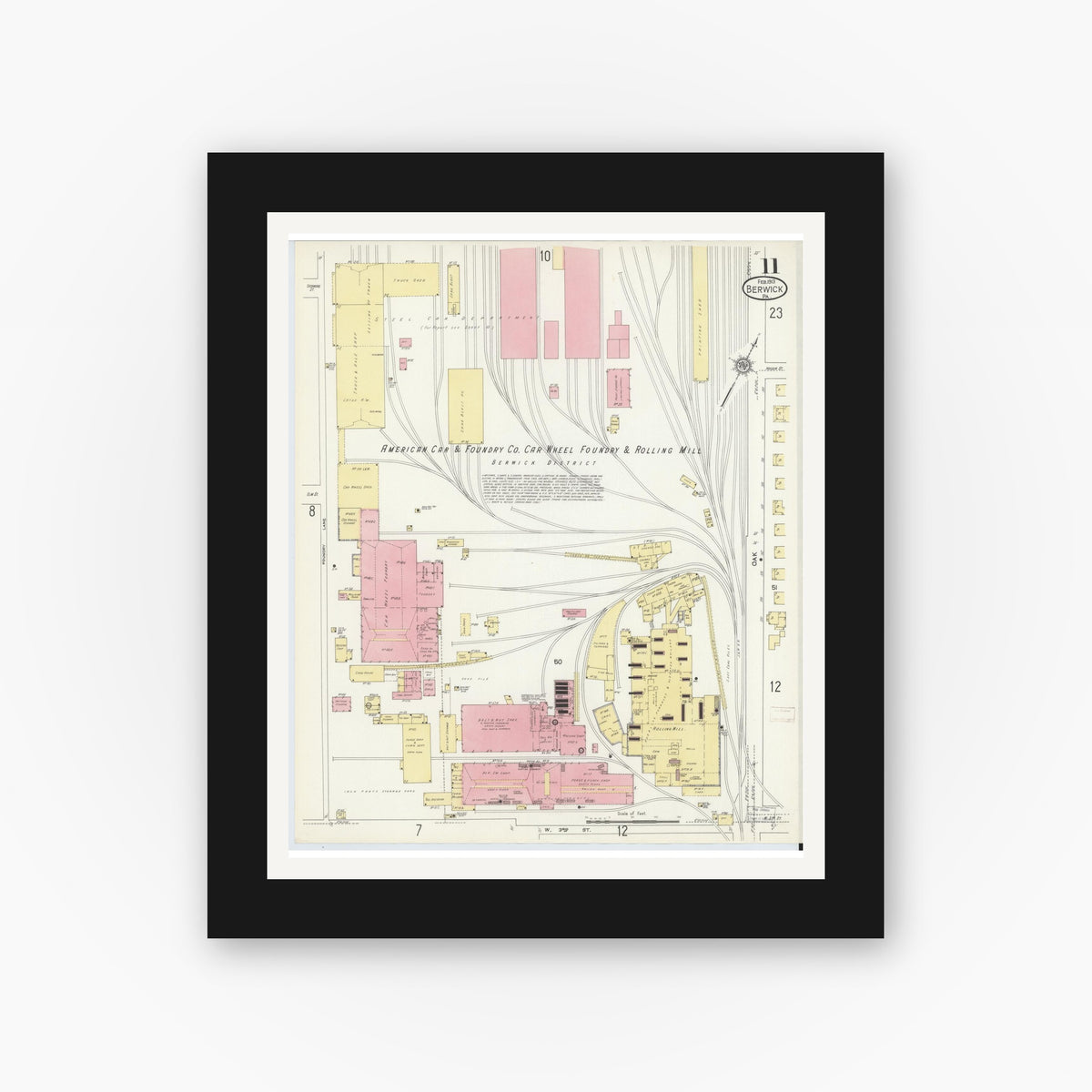 Old map wall art mockup — black gallery frame with white mat — Sanborn Fire Insurance Map from Berwick, Columbia County, Pennsylvania (1913), Sheet #0011