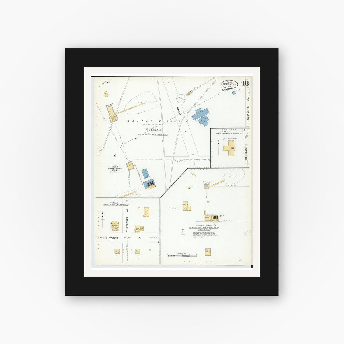 Old map wall art mockup — black gallery frame with white mat — Sanborn Fire Insurance Map from Houghton, Houghton County, Michigan (1908), Sheet #0018