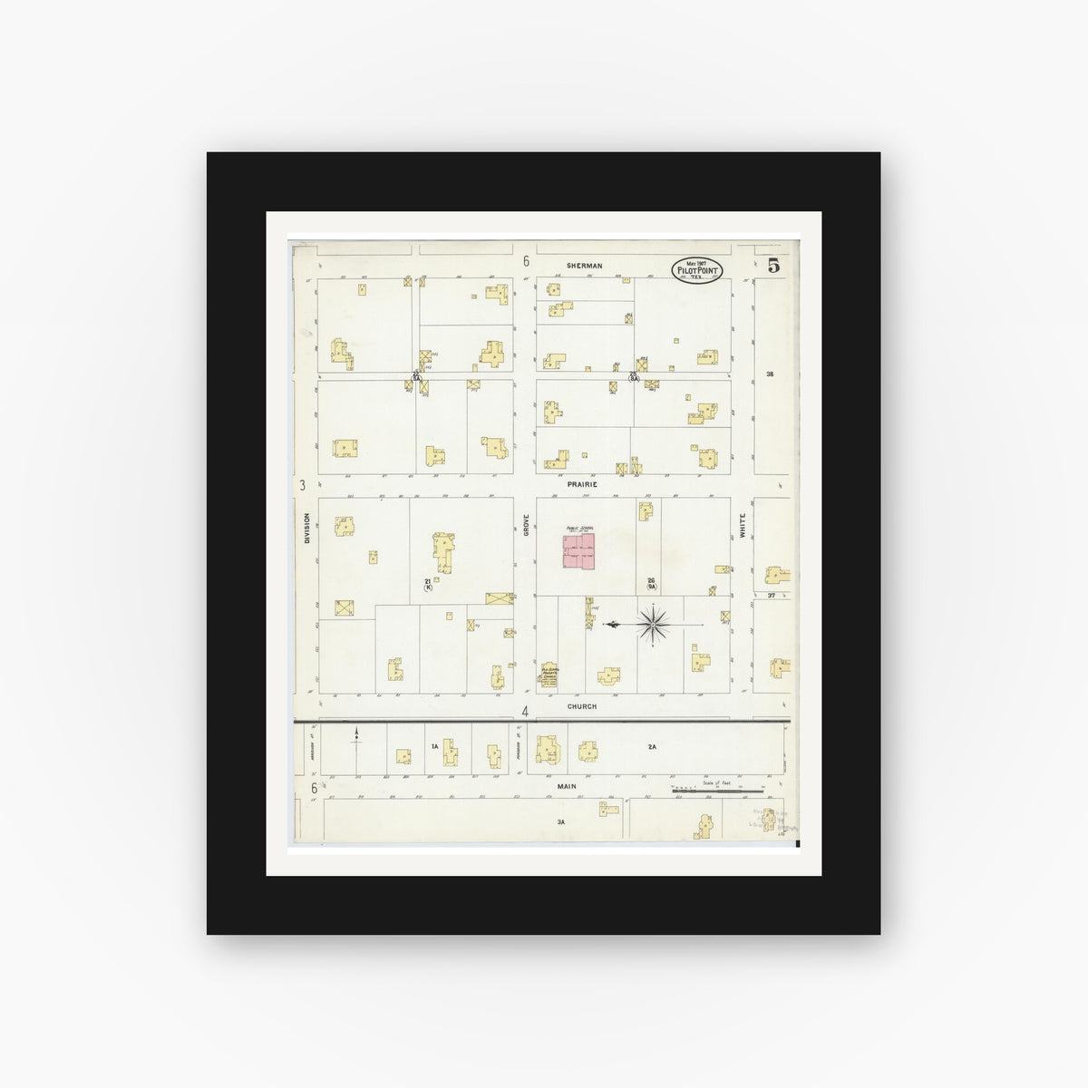 Old map wall art mockup — black gallery frame with white mat — Sanborn Fire Insurance Map from Pilot Point, Denton County, Texas (1907), Sheet #0005