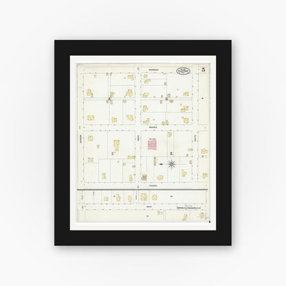 Old map wall art mockup — black gallery frame with white mat — Sanborn Fire Insurance Map from Pilot Point, Denton County, Texas (1907), Sheet #0005