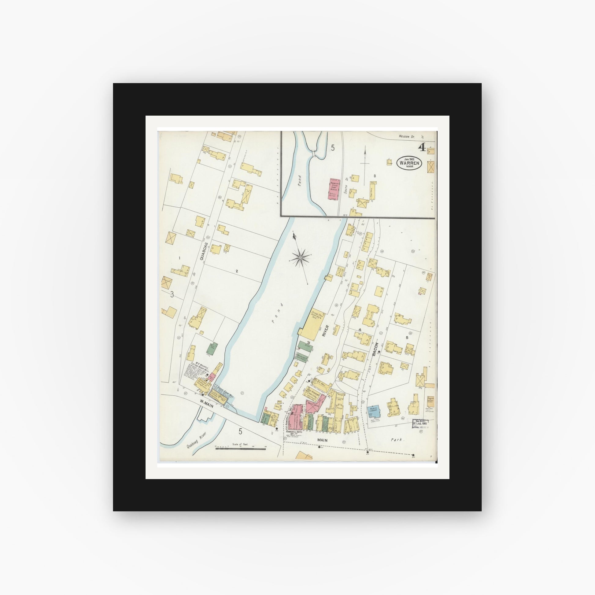 Old map wall art mockup — black gallery frame with white mat — Sanborn Fire Insurance Map from Warren, Worcester County, Massachusetts (1902), Sheet #0004