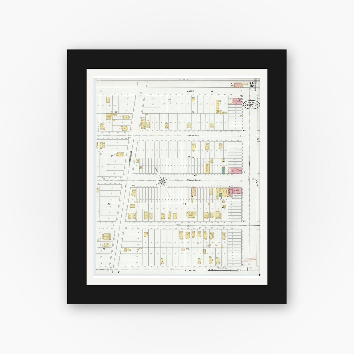 Old map wall art mockup — black gallery frame with white mat — Sanborn Fire Insurance Map from Despatch, Monroe County, New York (1906), Sheet #0002