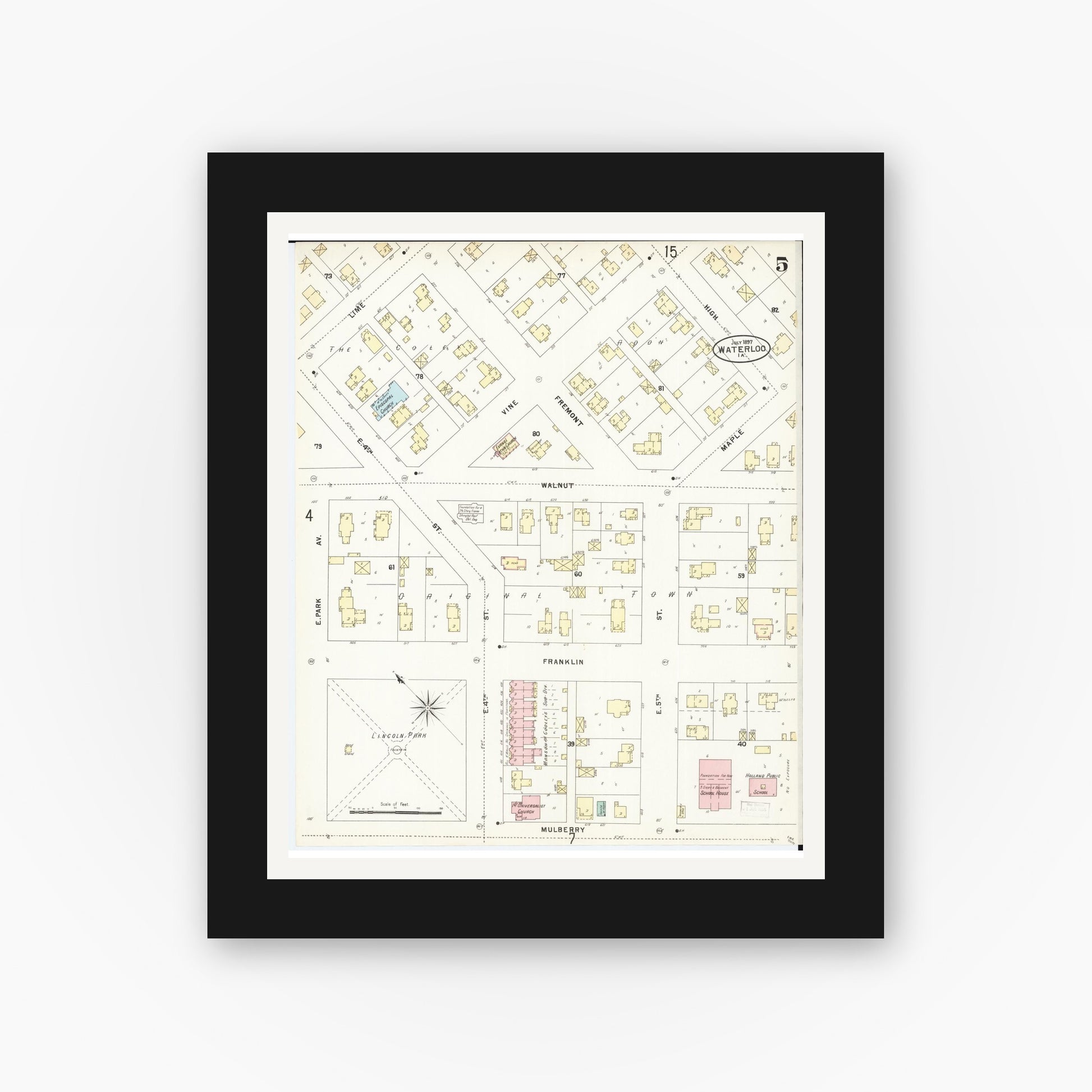 Old map wall art mockup — black gallery frame with white mat — Sanborn Fire Insurance Map from Waterloo, Black Hawk County, Iowa (1897), Sheet #0005