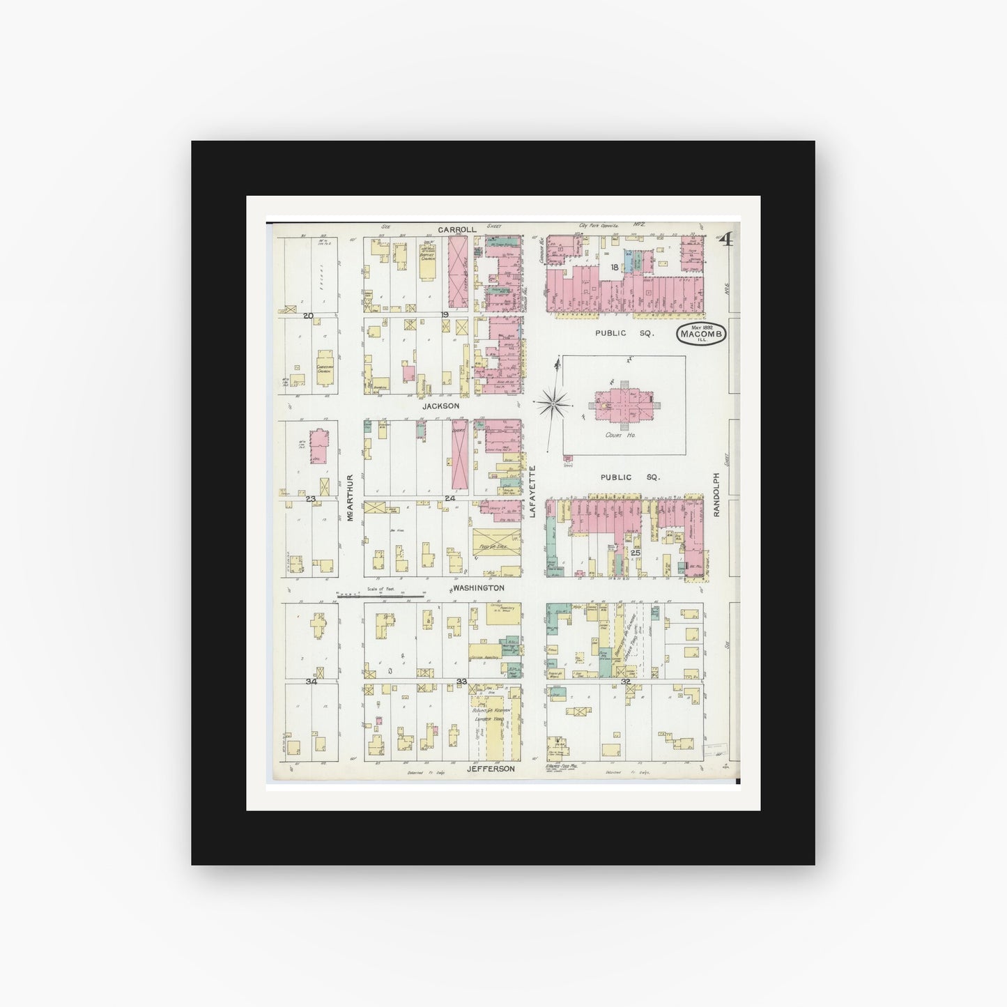 Old map wall art mockup — black gallery frame with white mat — Sanborn Fire Insurance Map from Macomb, Mcdonough County, Illinois (1892), Sheet #0004