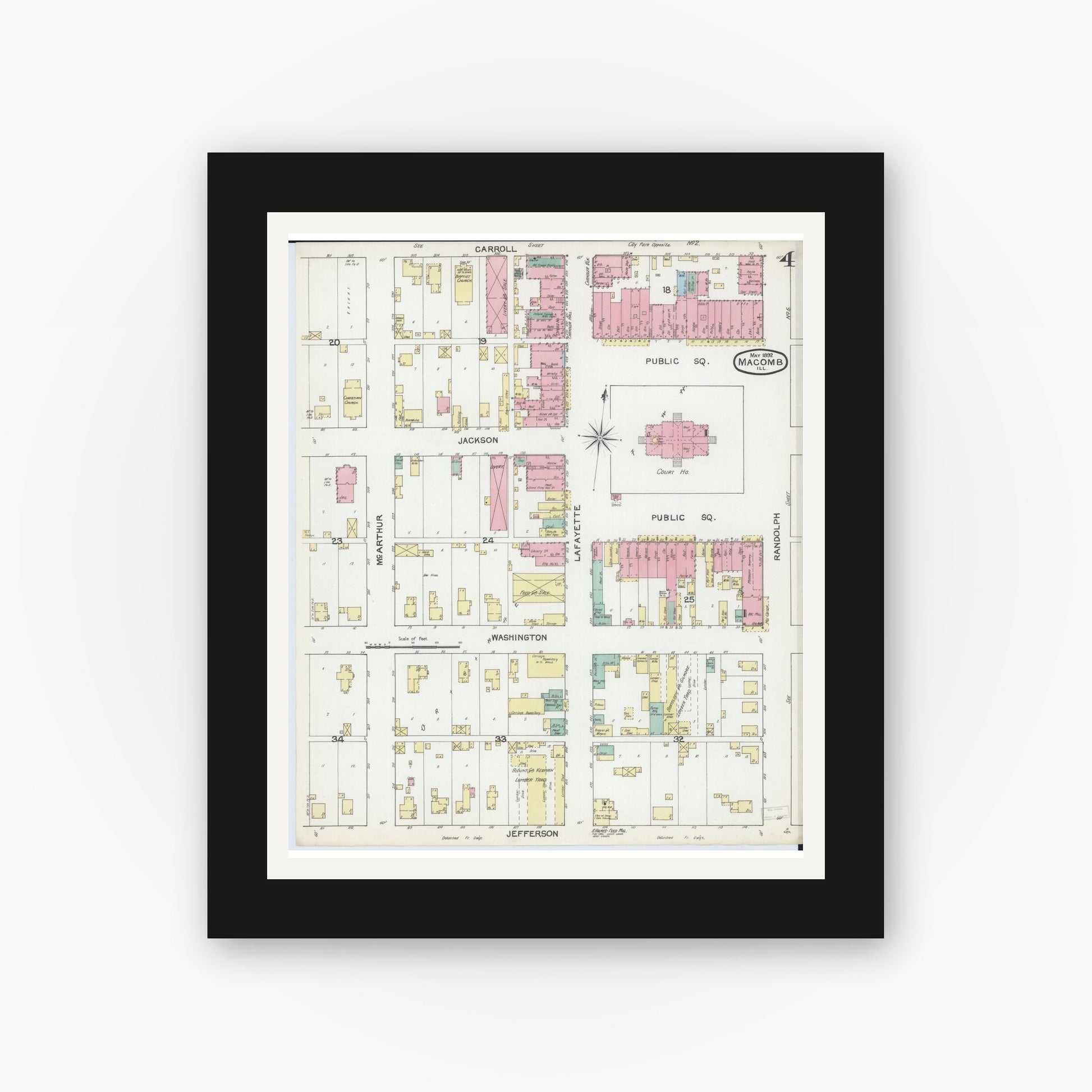 Old map wall art mockup — black gallery frame with white mat — Sanborn Fire Insurance Map from Macomb, Mcdonough County, Illinois (1892), Sheet #0004