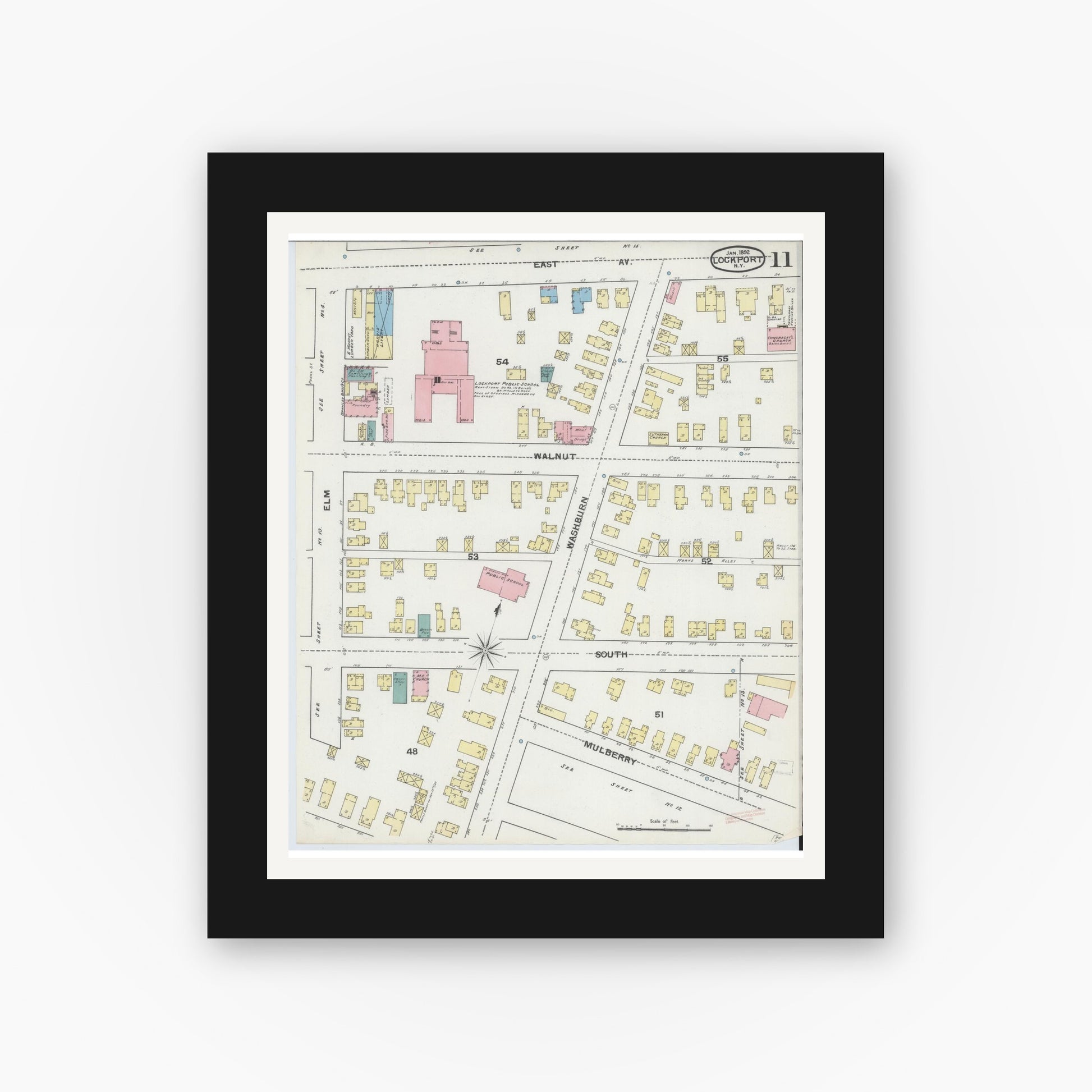 Old map wall art mockup — black gallery frame with white mat — Sanborn Fire Insurance Map from Lockport, Niagara County, New York (1892), Sheet #0011