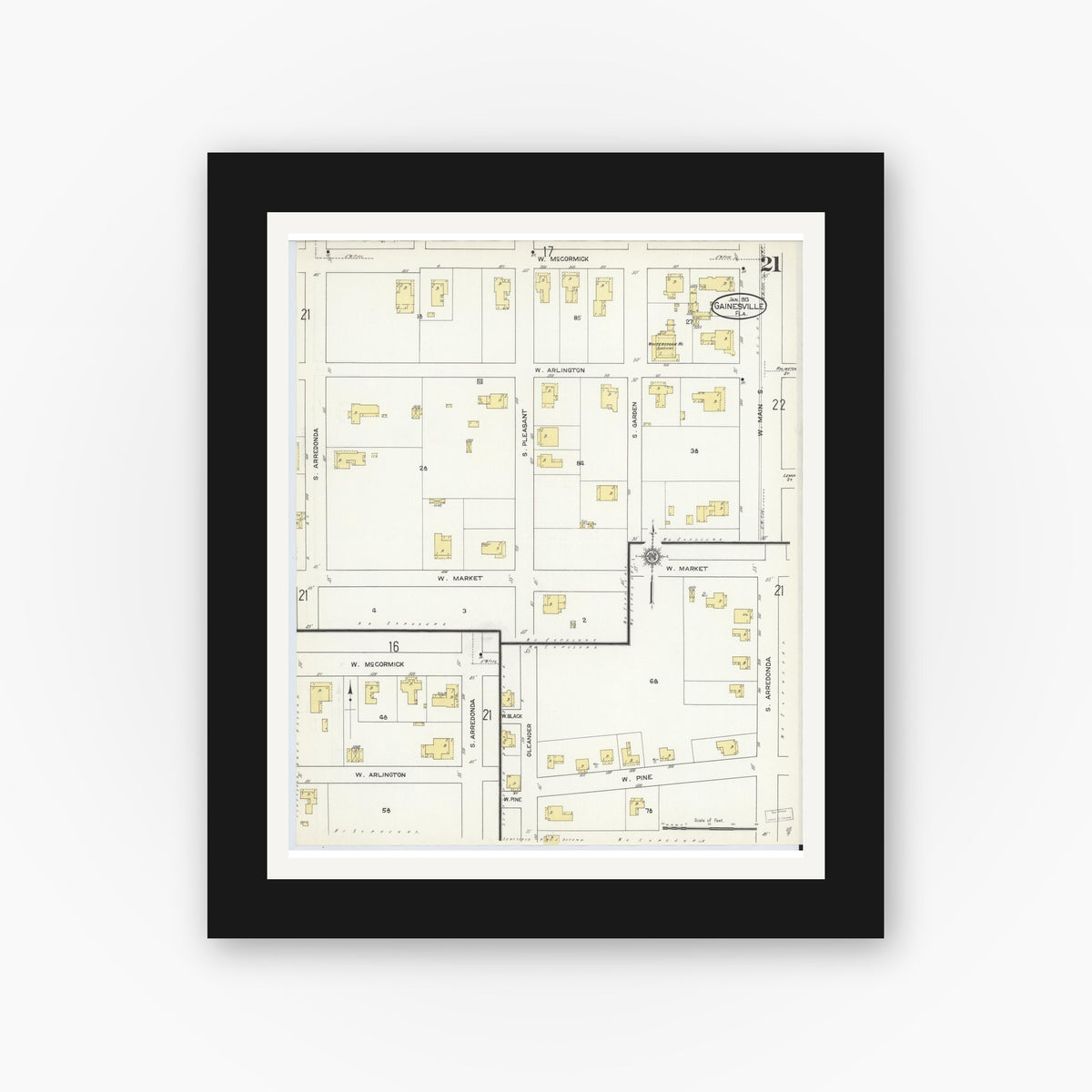 Old map wall art mockup — black gallery frame with white mat — Sanborn Fire Insurance Map from Gainesville, Alachua County, Florida (1913), Sheet #0021