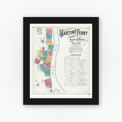 Old map wall art mockup — black gallery frame with white mat — Sanborn Fire Insurance Map from Martins Ferry, Belmont County, Ohio (1900), Sheet #0001