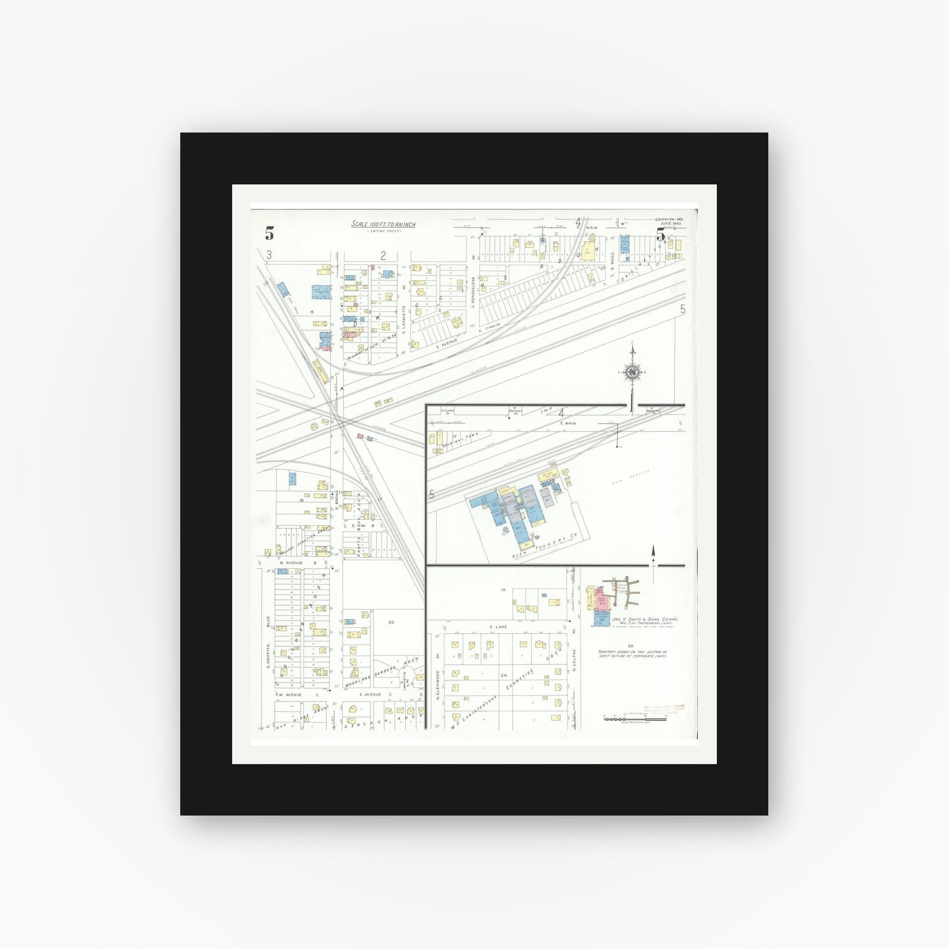 Old map wall art mockup — black gallery frame with white mat — Sanborn Fire Insurance Map from Griffith, Lake County, Indiana (1943), Sheet #0005