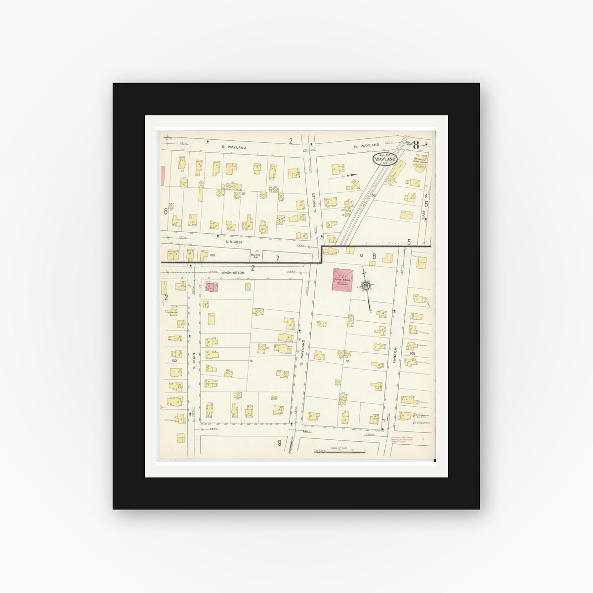 Old map wall art mockup — black gallery frame with white mat — Sanborn Fire Insurance Map from Wayland, Steuben County, New York (1913), Sheet #0008