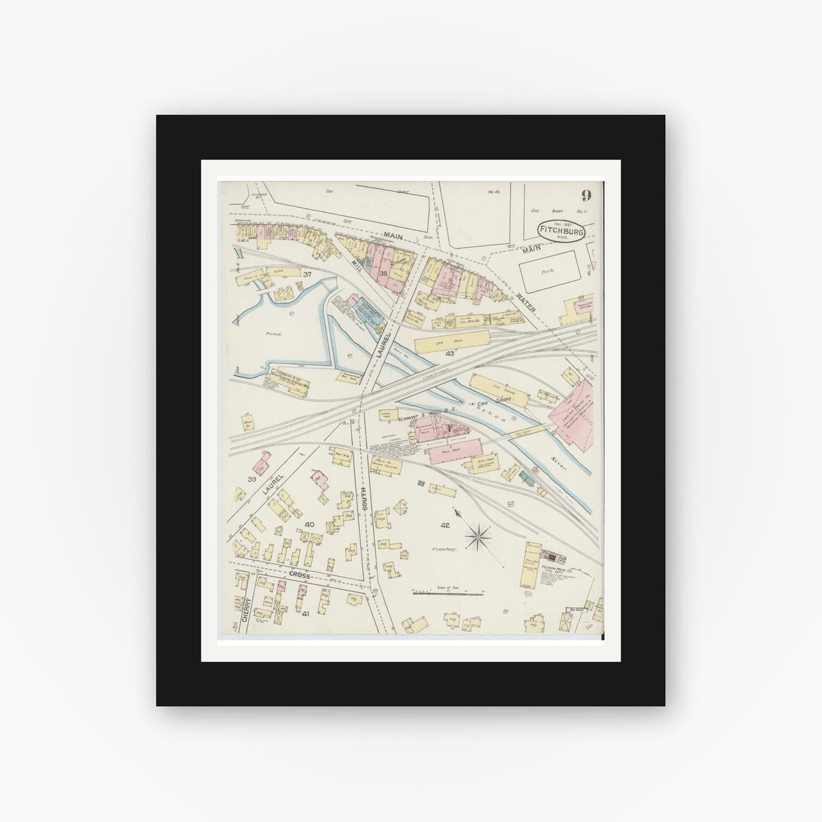 Old map wall art mockup — black gallery frame with white mat — Sanborn Fire Insurance Map from Fitchburg, Worcester County, Massachusetts (1887), Sheet #0009