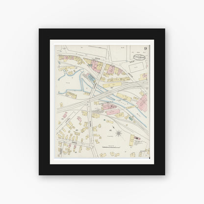 Old map wall art mockup — black gallery frame with white mat — Sanborn Fire Insurance Map from Fitchburg, Worcester County, Massachusetts (1887), Sheet #0009