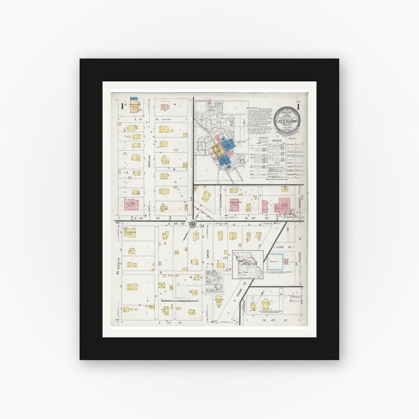 Old map wall art mockup — black gallery frame with white mat — Sanborn Fire Insurance Map from Lee's Summit, Jackson County, Missouri (1927), Sheet #0001