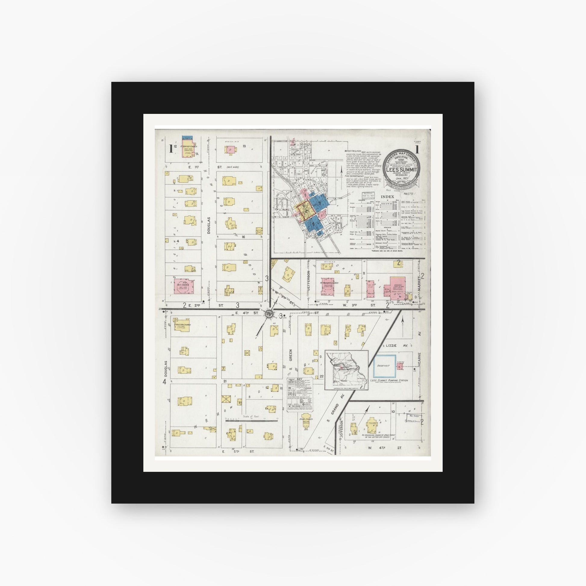 Old map wall art mockup — black gallery frame with white mat — Sanborn Fire Insurance Map from Lee's Summit, Jackson County, Missouri (1927), Sheet #0001