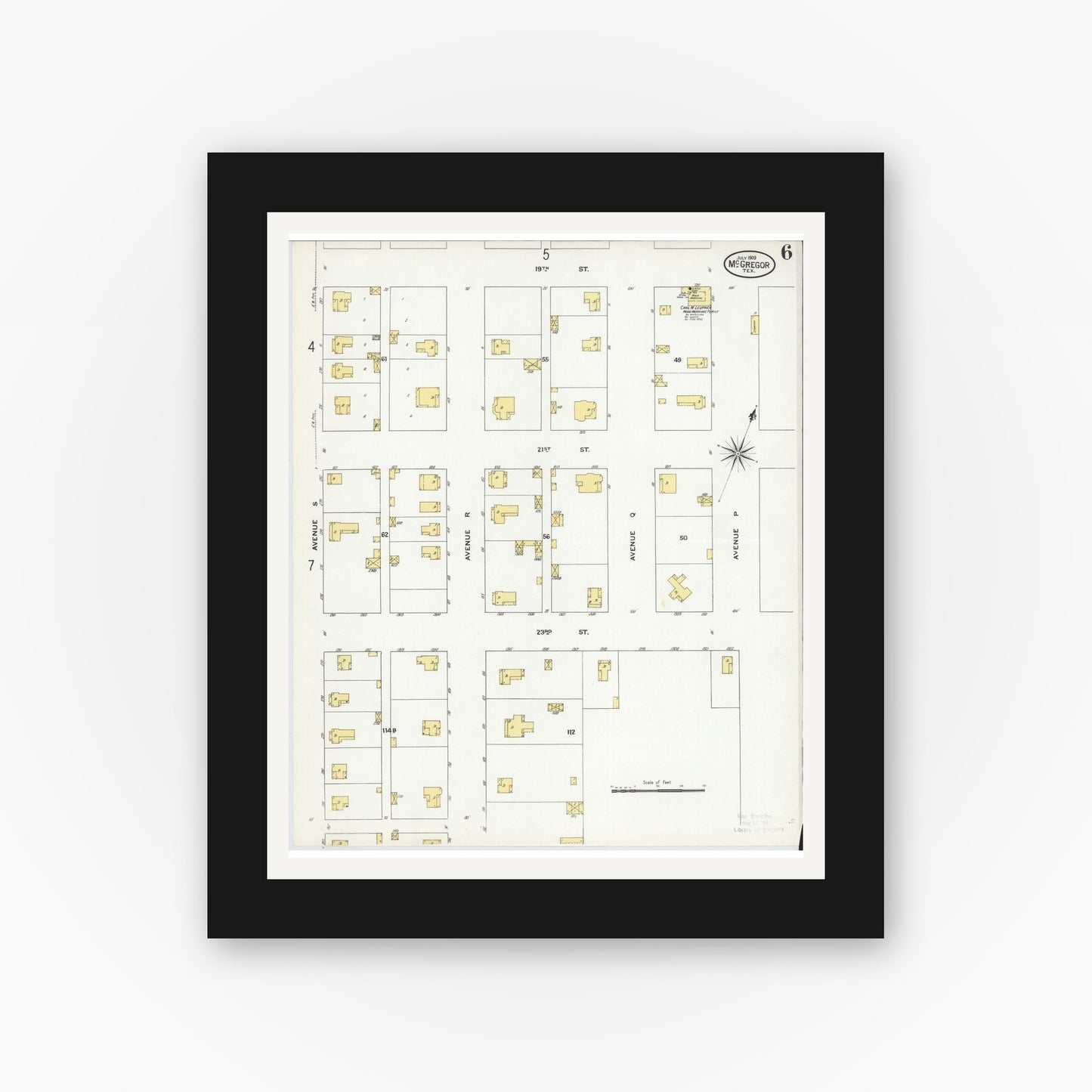 Old map wall art mockup — black gallery frame with white mat — Sanborn Fire Insurance Map from McGregor, McLennan County, Texas (1909), Sheet #0006