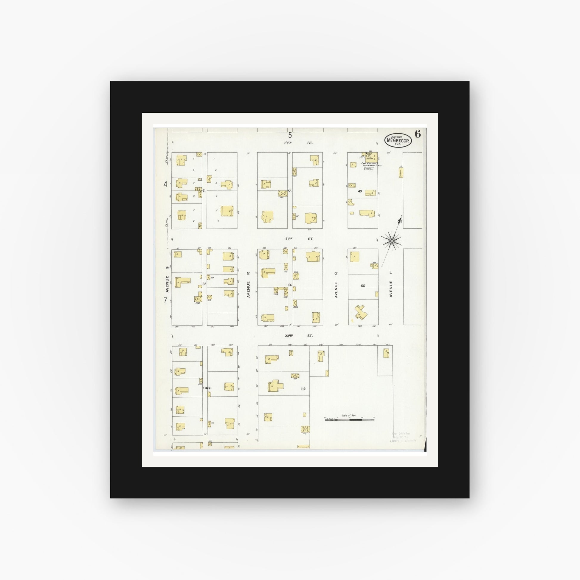 Old map wall art mockup — black gallery frame with white mat — Sanborn Fire Insurance Map from McGregor, McLennan County, Texas (1909), Sheet #0006
