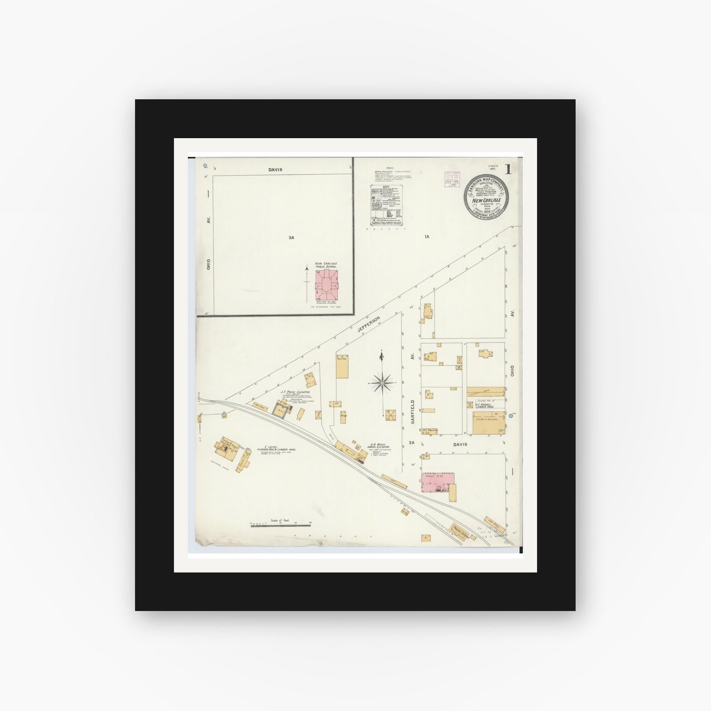 Old map wall art mockup — black gallery frame with white mat — Sanborn Fire Insurance Map from New Carlisle, Clarke County, Ohio (1906), Sheet #0001