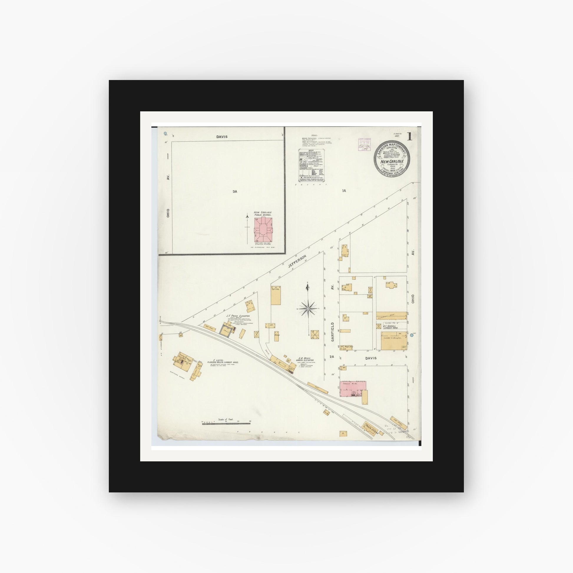 Old map wall art mockup — black gallery frame with white mat — Sanborn Fire Insurance Map from New Carlisle, Clarke County, Ohio (1906), Sheet #0001