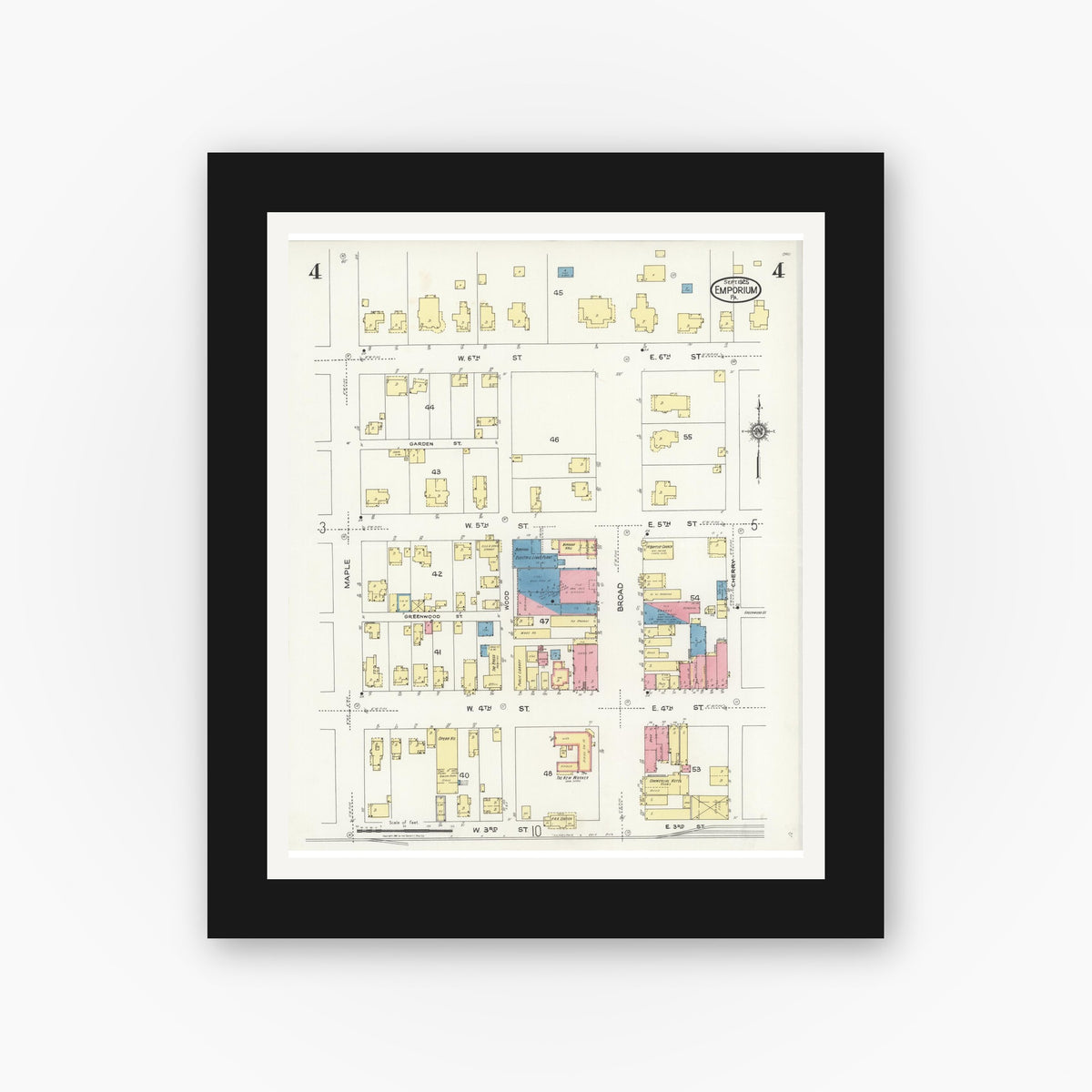 Old map wall art mockup — black gallery frame with white mat — Sanborn Fire Insurance Map from Emporium, Cameron County, Pennsylvania (1925), Sheet #0004