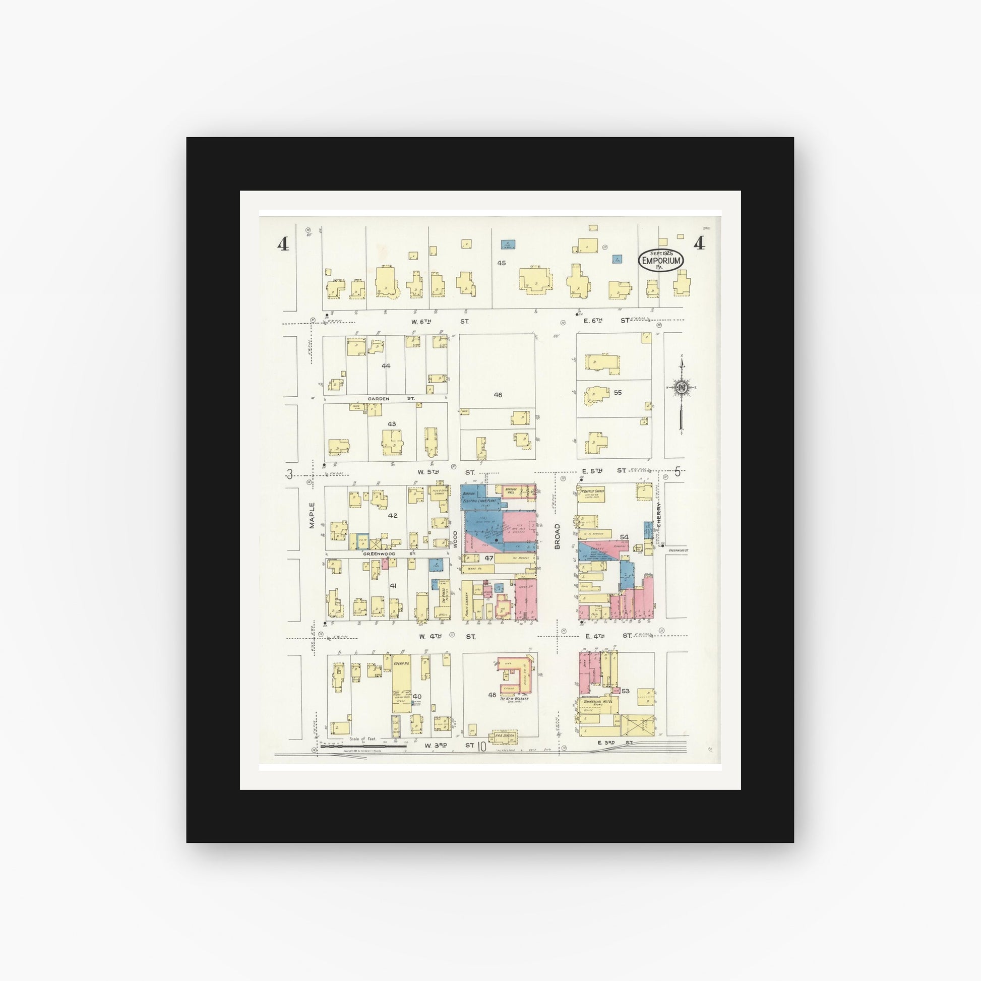 Old map wall art mockup — black gallery frame with white mat — Sanborn Fire Insurance Map from Emporium, Cameron County, Pennsylvania (1925), Sheet #0004