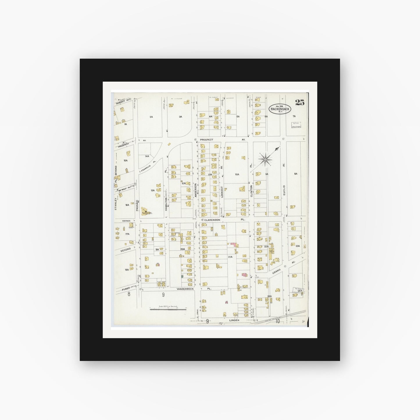 Old map wall art mockup — black gallery frame with white mat — Sanborn Fire Insurance Map from Hackensack, Bergen County, New Jersey (1908), Sheet #0025