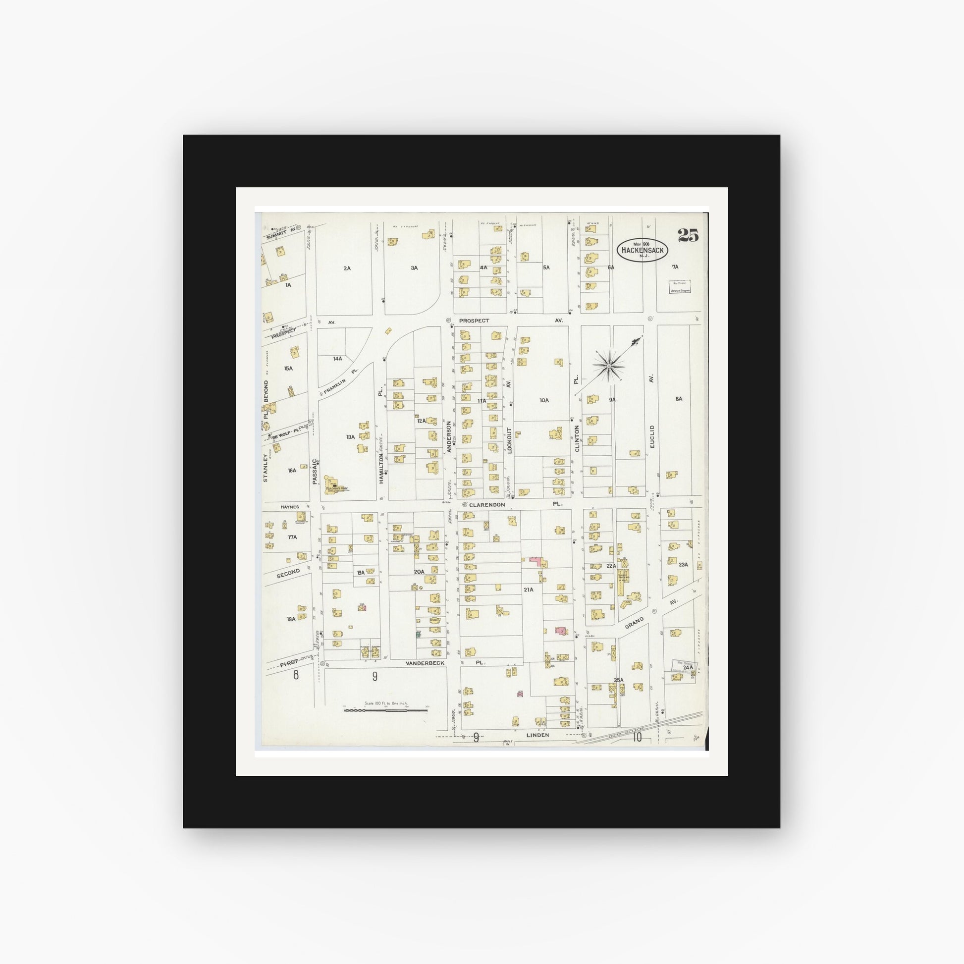 Old map wall art mockup — black gallery frame with white mat — Sanborn Fire Insurance Map from Hackensack, Bergen County, New Jersey (1908), Sheet #0025
