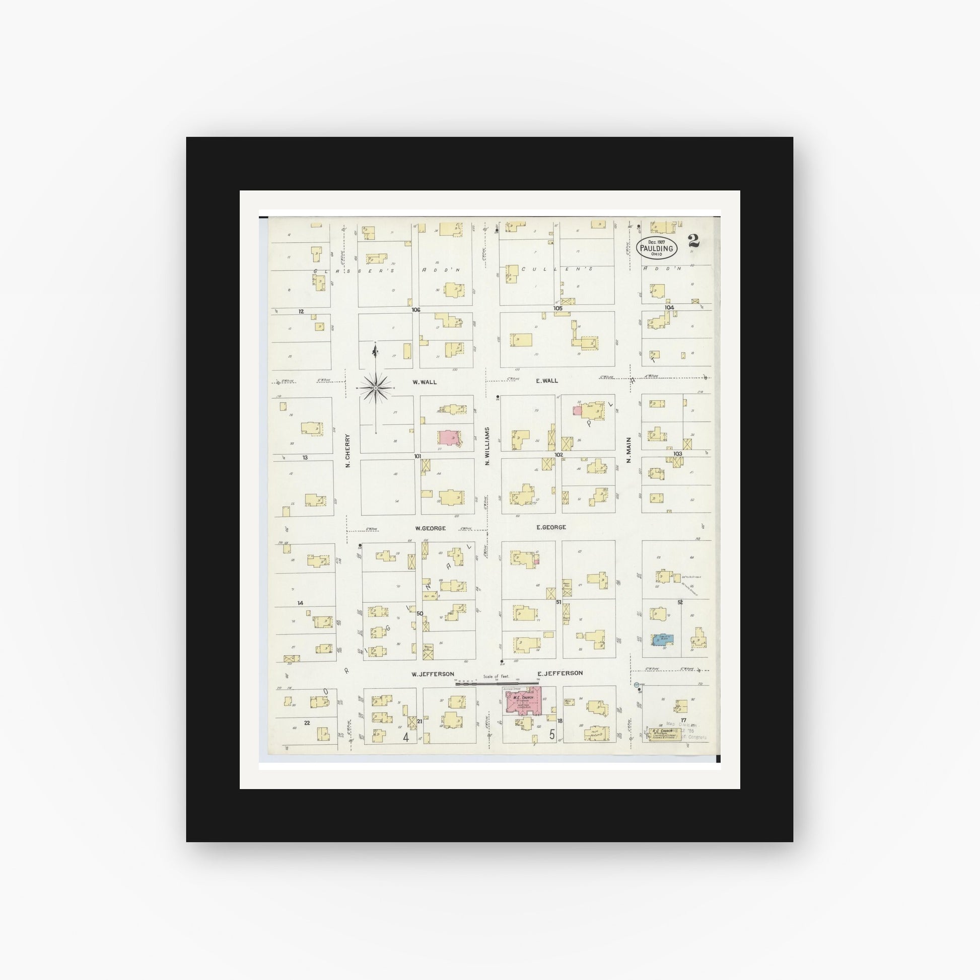 Old map wall art mockup — black gallery frame with white mat — Sanborn Fire Insurance Map from Paulding, Paulding County, Ohio (1907), Sheet #0002