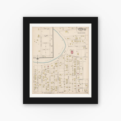 Old map wall art mockup — black gallery frame with white mat — Sanborn Fire Insurance Map from Lakeland, Polk County, Florida (1922), Sheet #0022