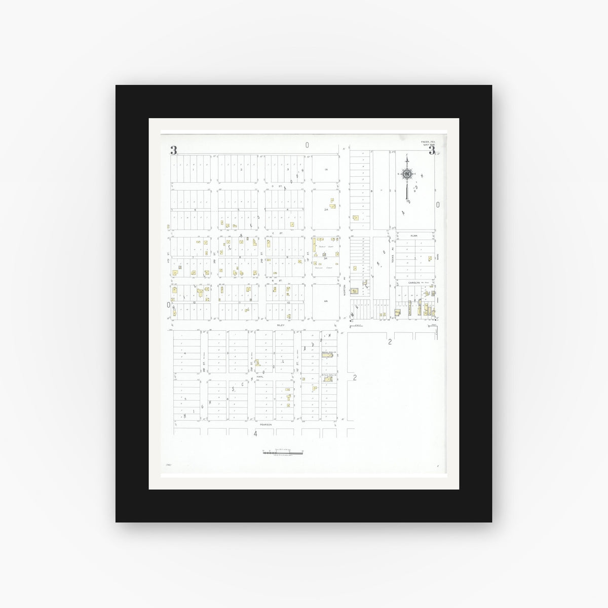 Old map wall art mockup — black gallery frame with white mat — Sanborn Fire Insurance Map from Freer, Duval County, Texas (1948), Sheet #0003