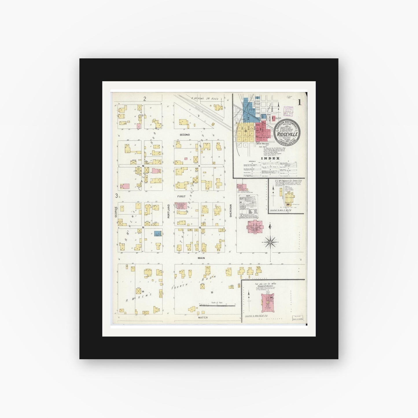 Old map wall art mockup — black gallery frame with white mat — Sanborn Fire Insurance Map from Ridgeville, Randolph County, Indiana (1907) - Complete Map Set
