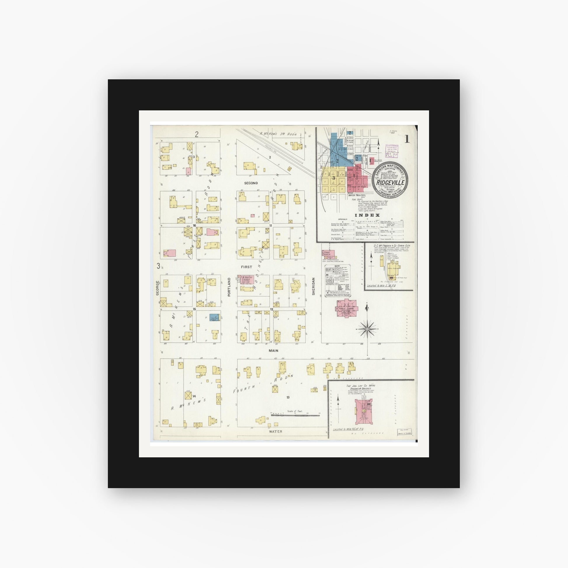 Old map wall art mockup — black gallery frame with white mat — Sanborn Fire Insurance Map from Ridgeville, Randolph County, Indiana (1907) - Complete Map Set