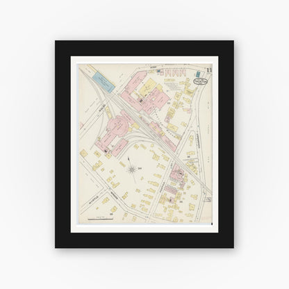 Old map wall art mockup — black gallery frame with white mat — Sanborn Fire Insurance Map from Taunton, Bristol County, Massachusetts (1888), Sheet #0011