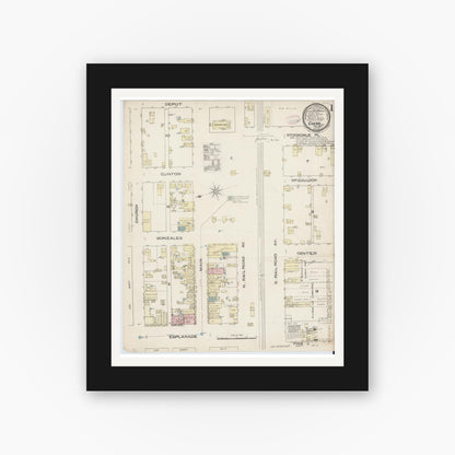 Old map wall art mockup — black gallery frame with white mat — Sanborn Fire Insurance Map from Cuero, De Witt County, Texas (1885) - Complete Map Set