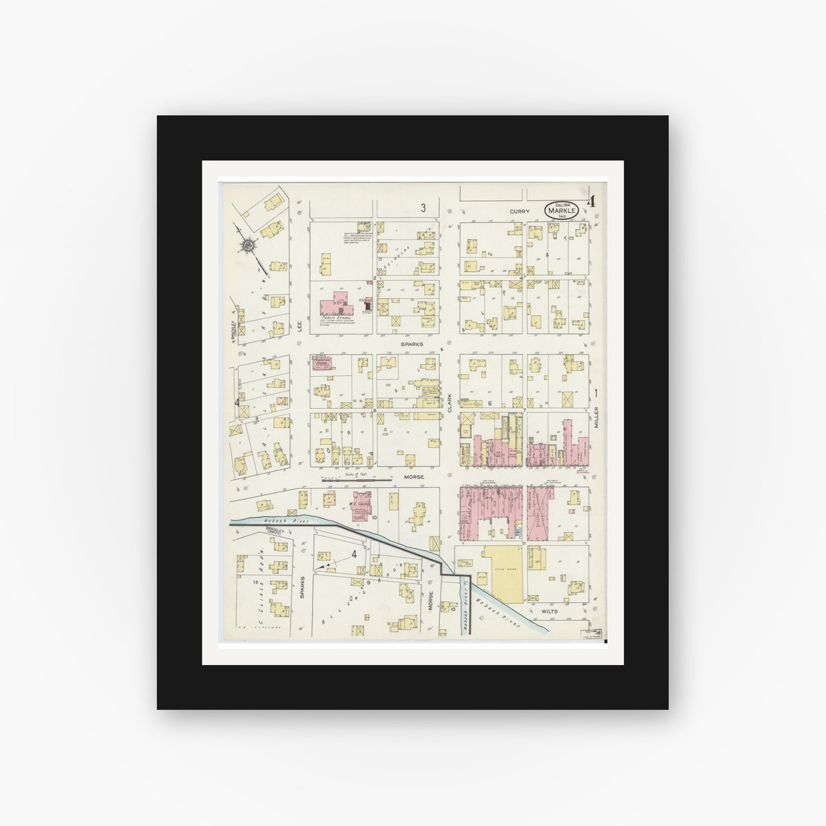 Old map wall art mockup — black gallery frame with white mat — Sanborn Fire Insurance Map from Markle, Huntington County, Indiana (1914), Sheet #0004