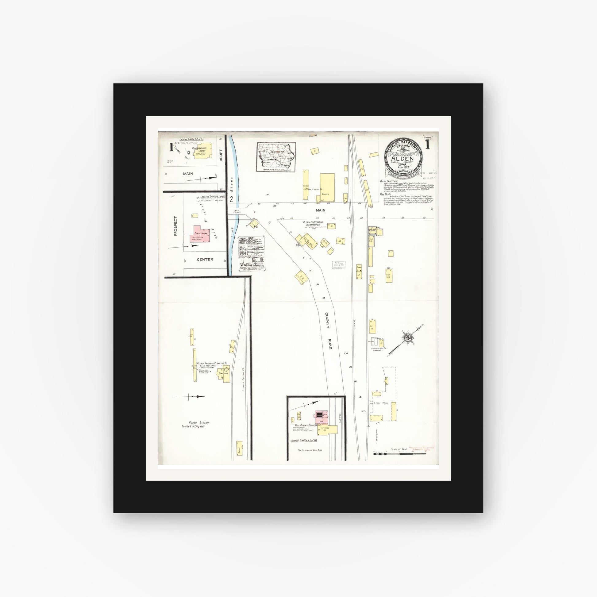 Old map wall art mockup — black gallery frame with white mat — Sanborn Fire Insurance Map from Alden, Hardin County, Iowa (1923), Sheet #0001