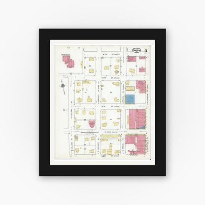 Old map wall art mockup — black gallery frame with white mat — Sanborn Fire Insurance Map from Cameron, Milam County, Texas (1920), Sheet #0003