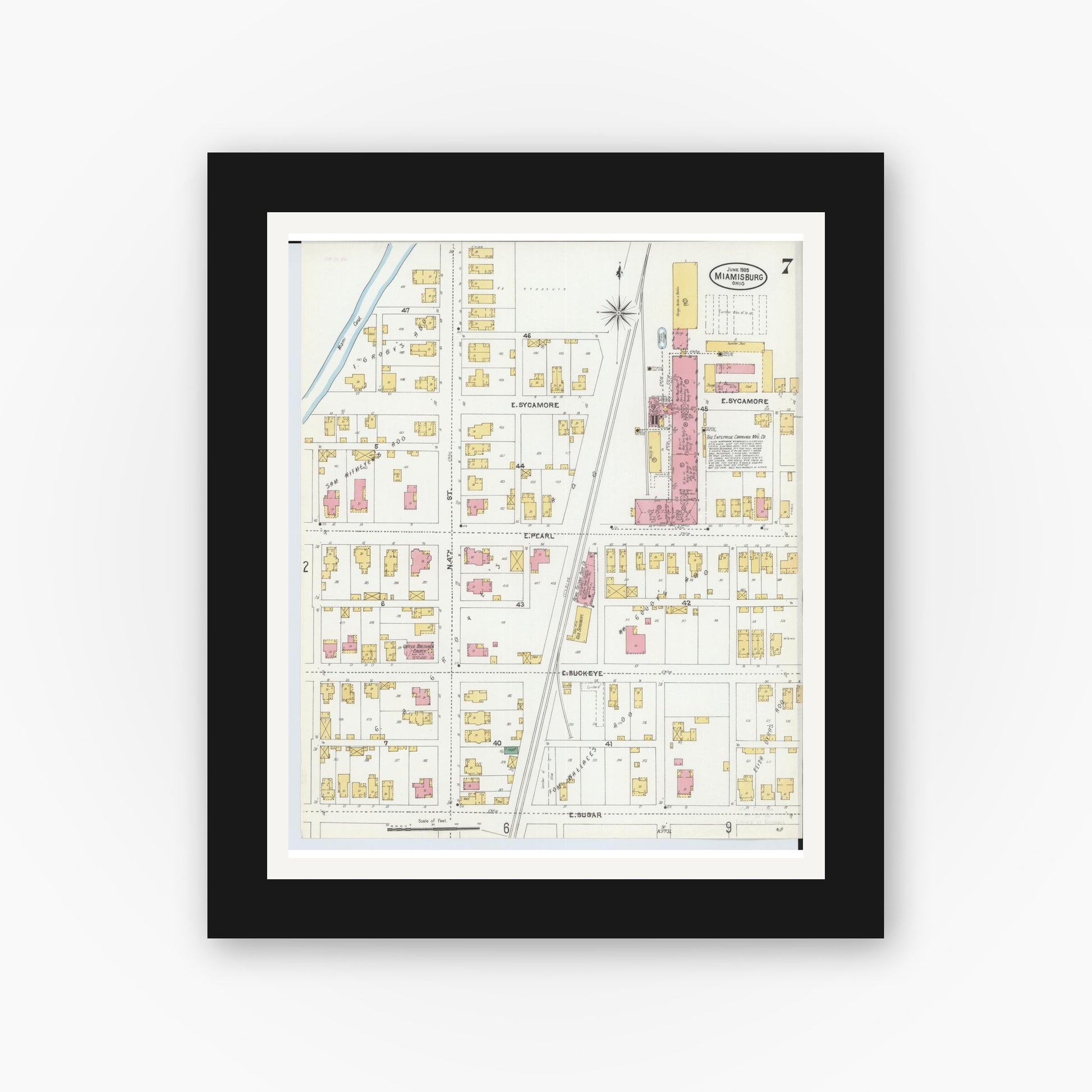 Old map wall art mockup — black gallery frame with white mat — Sanborn Fire Insurance Map from Miamisburg, Montgomery County, Ohio (1905), Sheet #0007