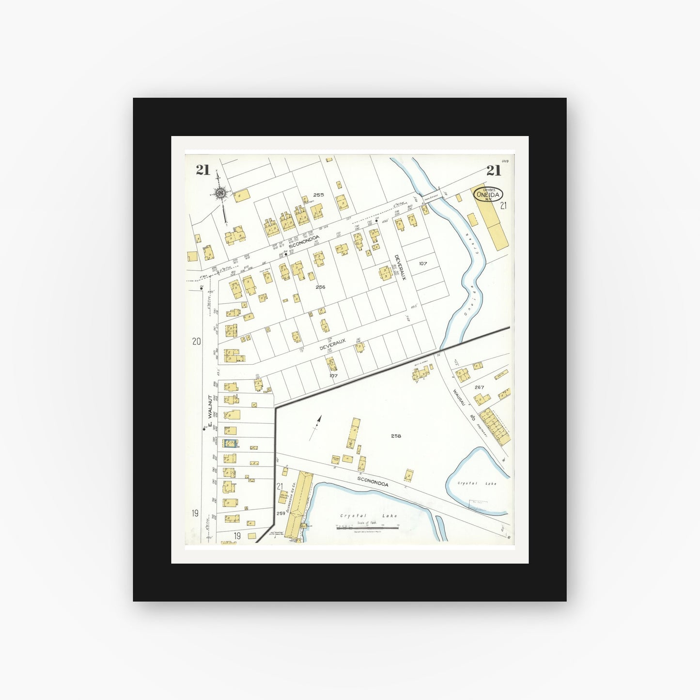 Old map wall art mockup — black gallery frame with white mat — Sanborn Fire Insurance Map from Oneida, Madison County, New York (1923), Sheet #0021