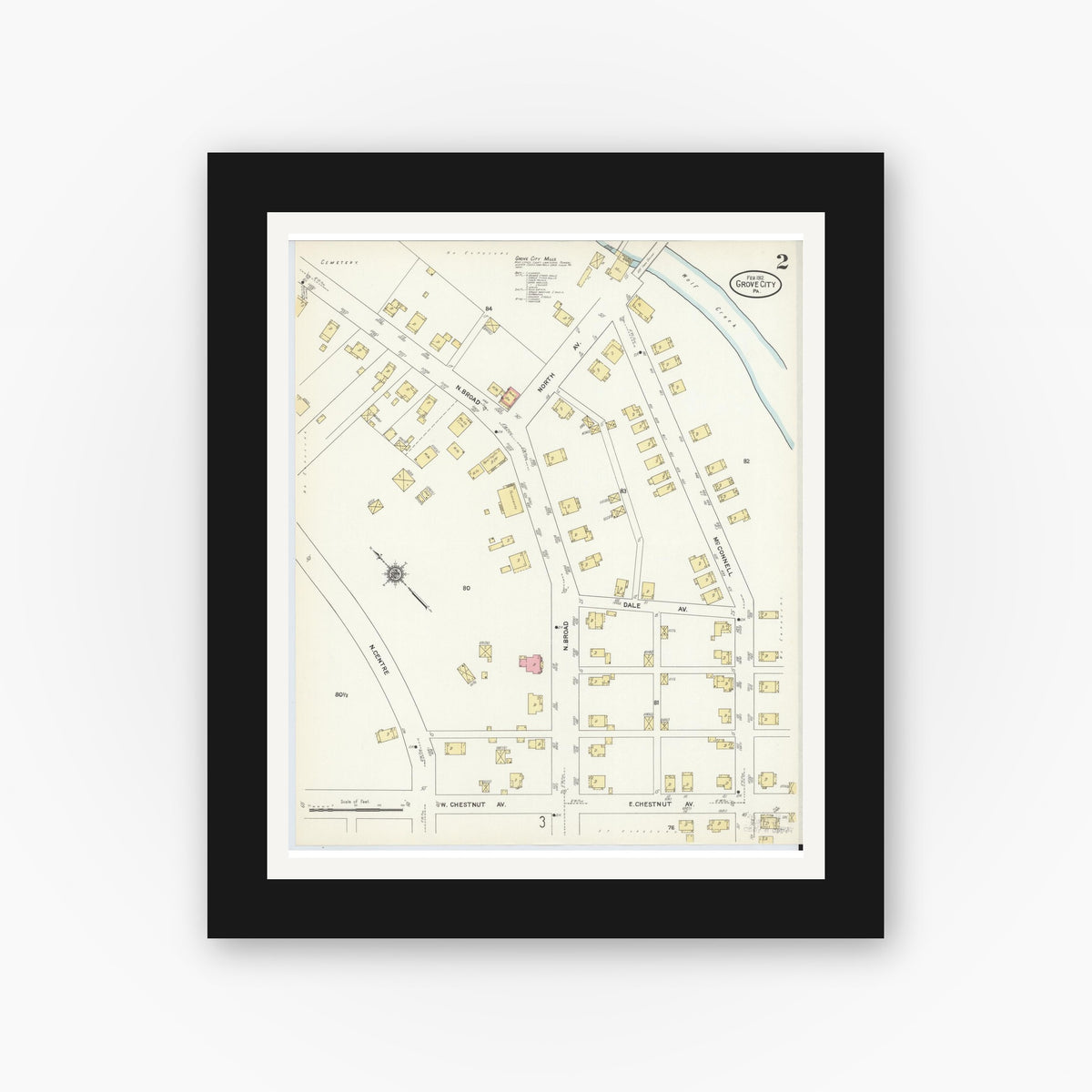 Old map wall art mockup — black gallery frame with white mat — Sanborn Fire Insurance Map from Grove City, Mercer County, Pennsylvania (1912), Sheet #0002