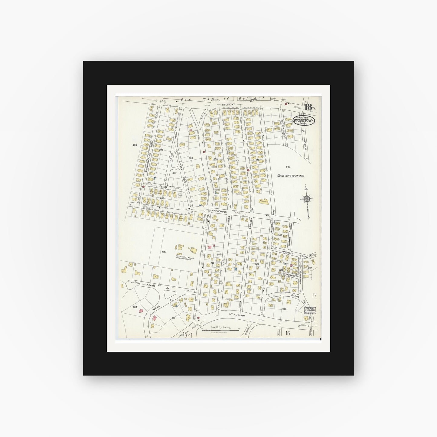 Old map wall art mockup — black gallery frame with white mat — Sanborn Fire Insurance Map from Watertown, Middlesex County, Massachusetts (1916), Sheet #0018