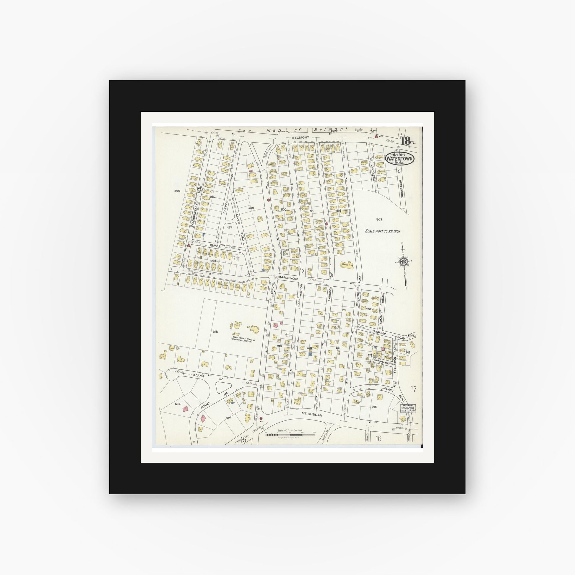 Old map wall art mockup — black gallery frame with white mat — Sanborn Fire Insurance Map from Watertown, Middlesex County, Massachusetts (1916), Sheet #0018