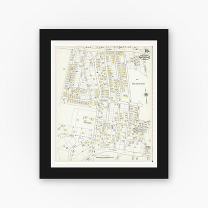 Old map wall art mockup — black gallery frame with white mat — Sanborn Fire Insurance Map from Watertown, Middlesex County, Massachusetts (1916), Sheet #0018
