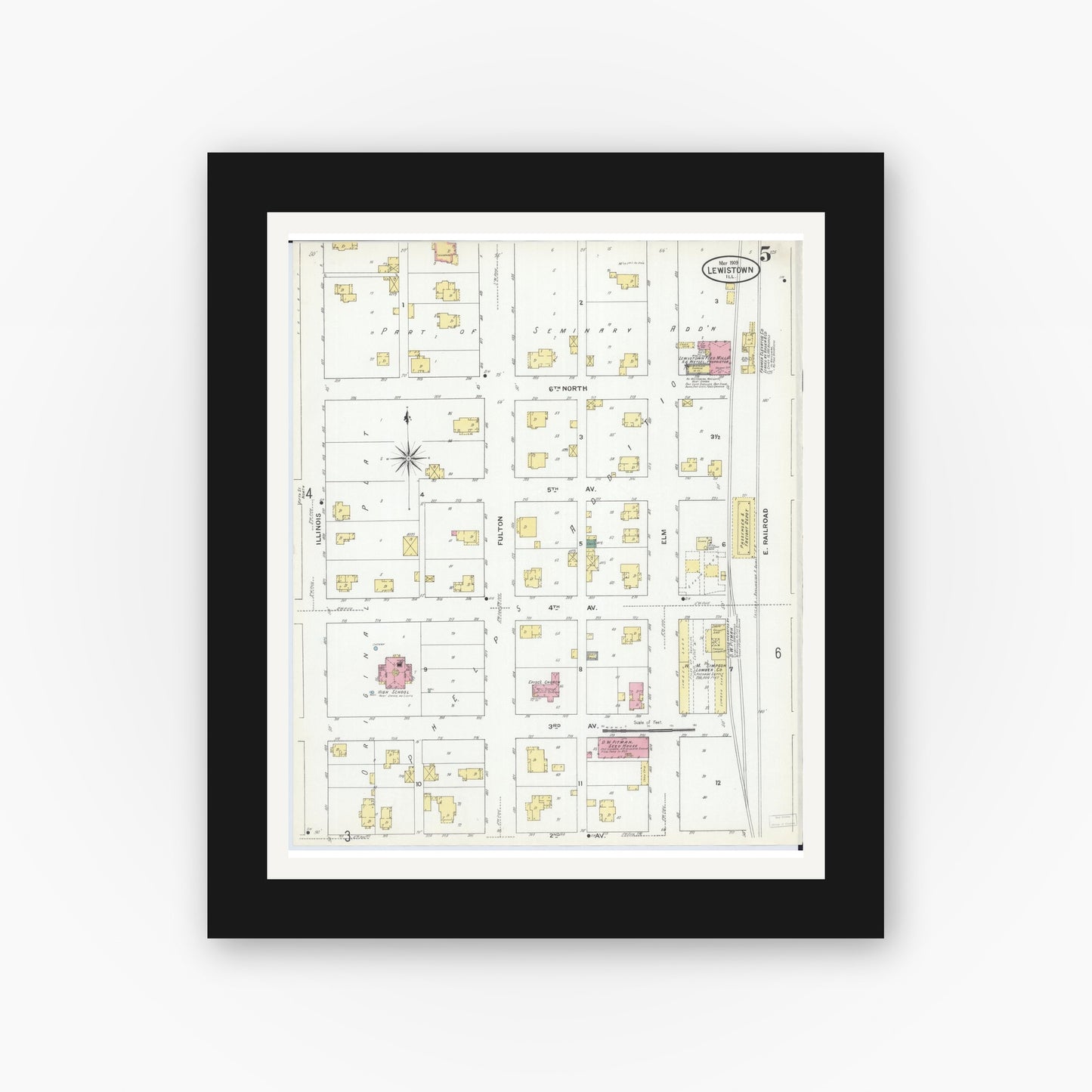 Old map wall art mockup — black gallery frame with white mat — Sanborn Fire Insurance Map from Lewistown, Fulton County, Illinois (1909), Sheet #0005
