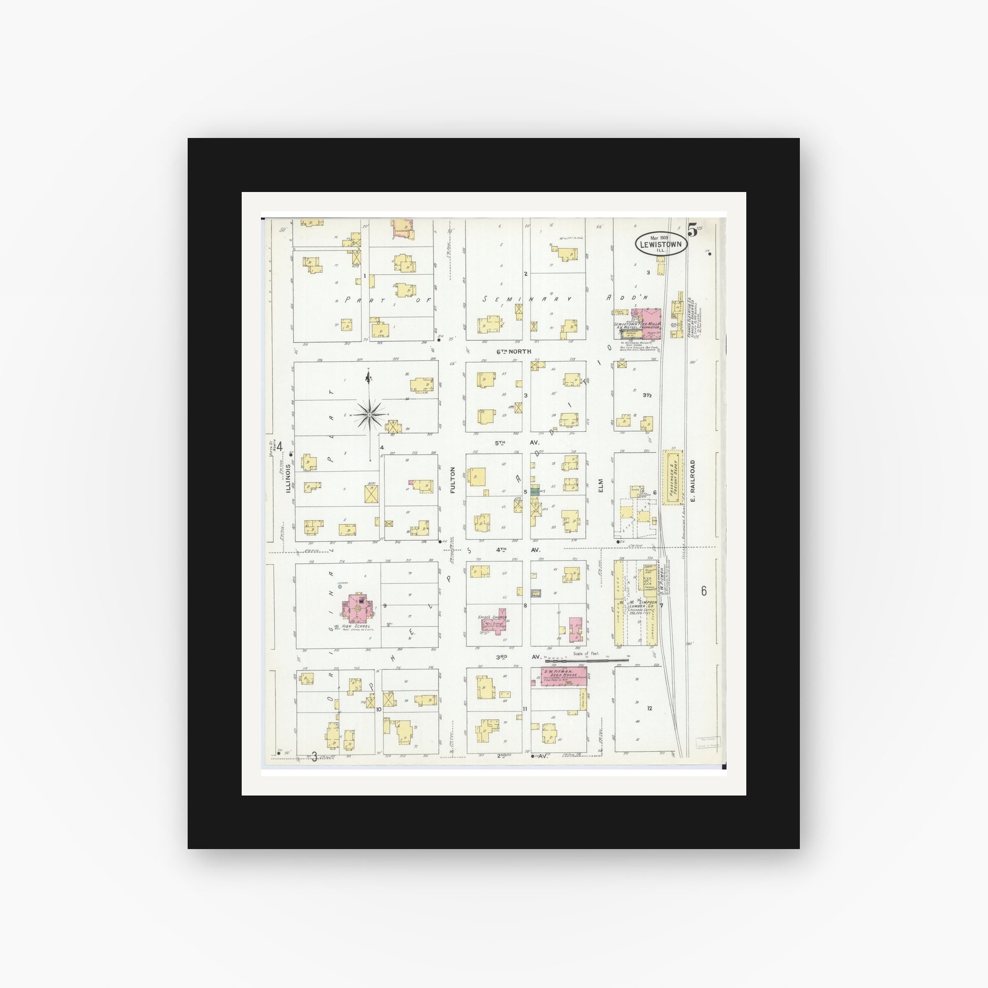 Old map wall art mockup — black gallery frame with white mat — Sanborn Fire Insurance Map from Lewistown, Fulton County, Illinois (1909), Sheet #0005