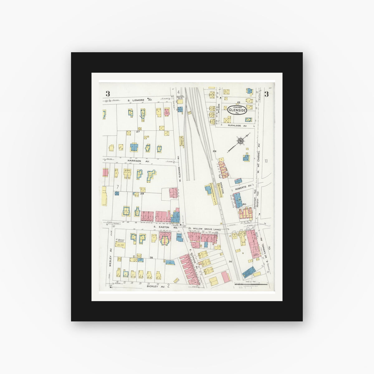 Old map wall art mockup — black gallery frame with white mat — Sanborn Fire Insurance Map from Glenside, Montgomery County, Pennsylvania (1925), Sheet #0003