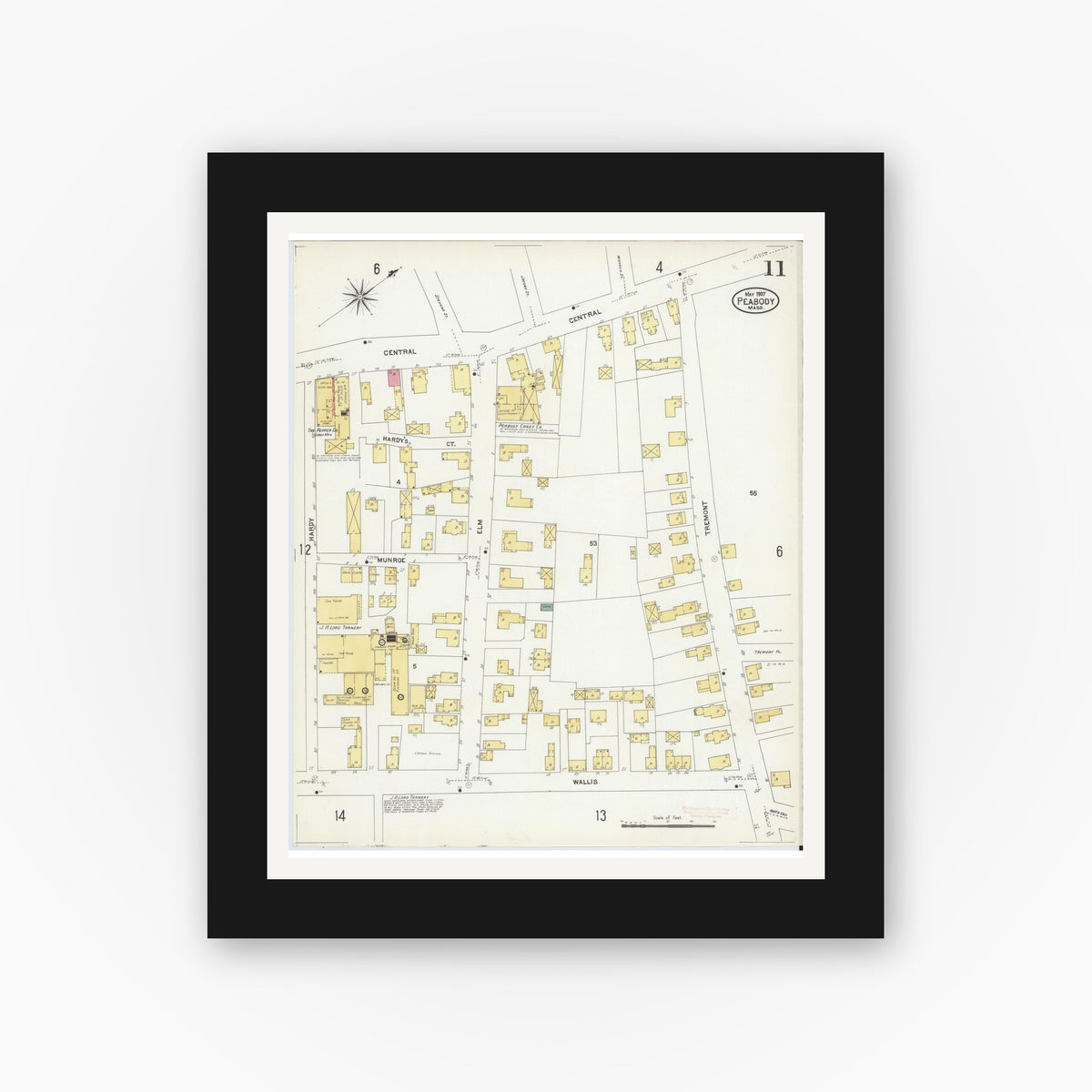 Old map wall art mockup — black gallery frame with white mat — Sanborn Fire Insurance Map from Peabody, Essex County, Massachusetts (1907), Sheet #0011