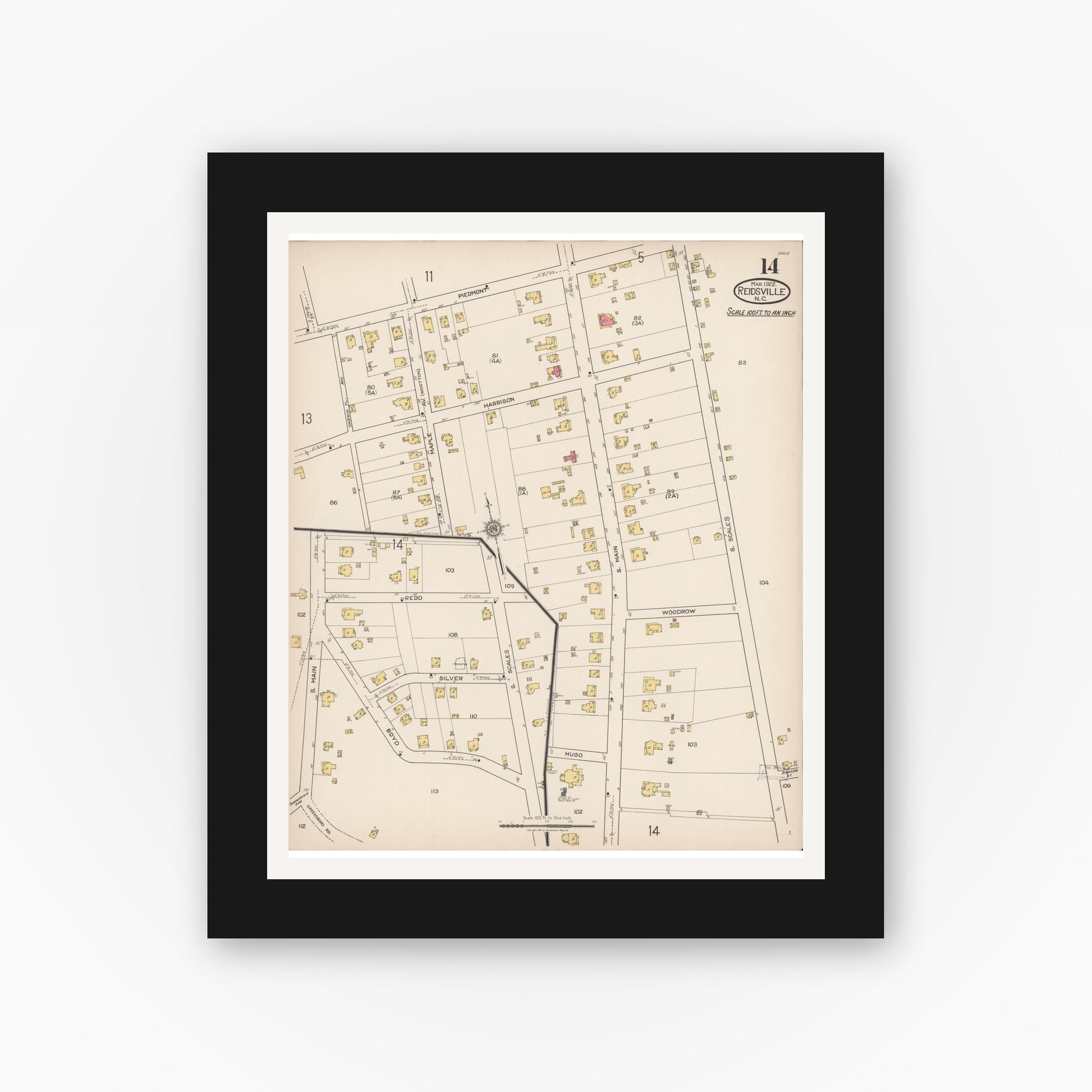 Old map wall art mockup — black gallery frame with white mat — Sanborn Fire Insurance Map from Reidsville, Rockingham County, North Carolina (1922), Sheet #0014
