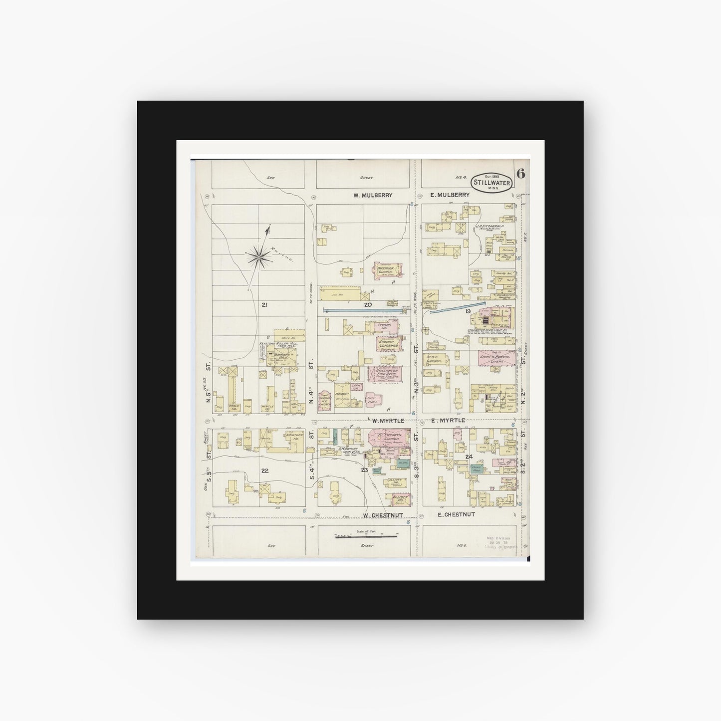 Old map wall art mockup — black gallery frame with white mat — Sanborn Fire Insurance Map from Stillwater, Washington County, Minnesota (1888), Sheet #0006
