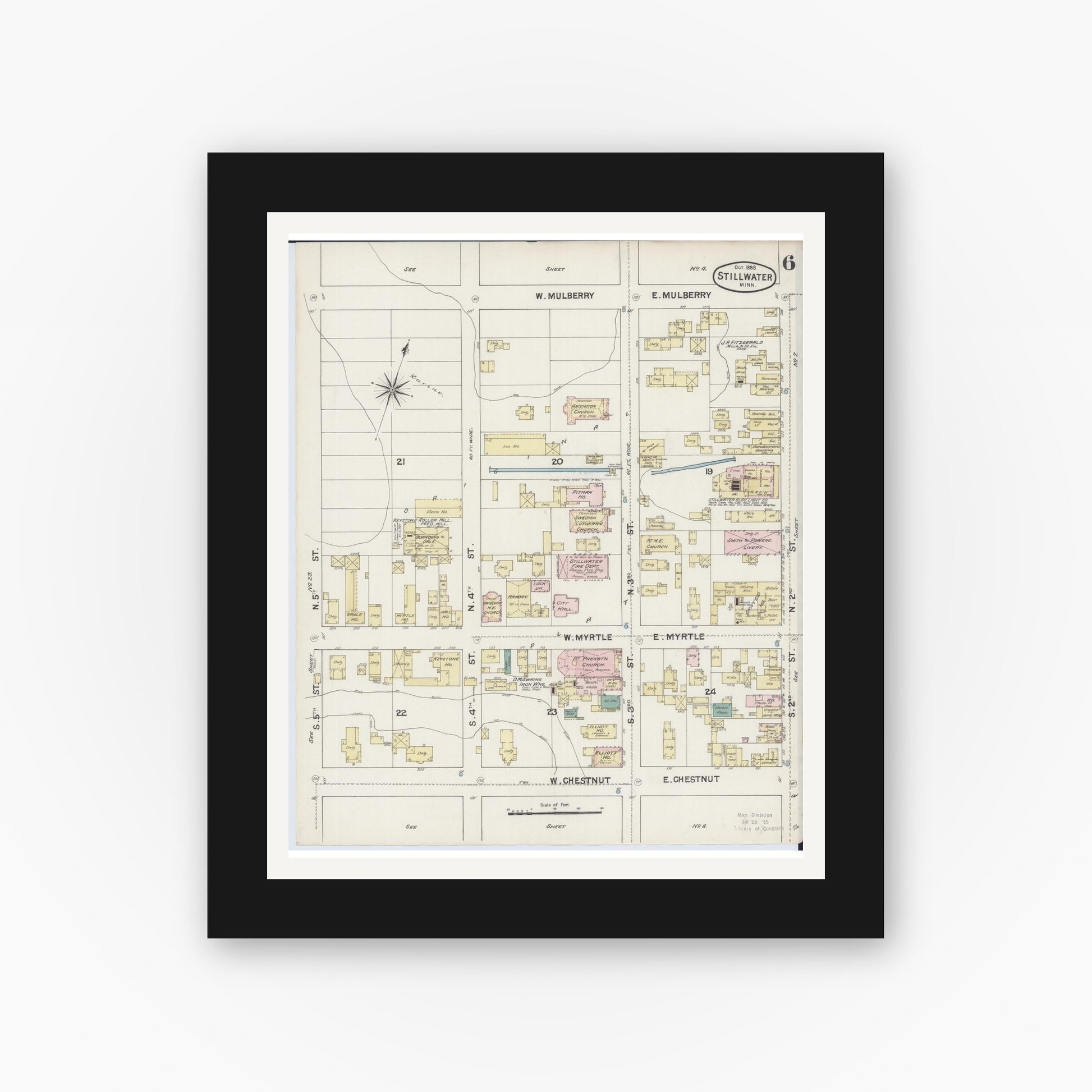 Old map wall art mockup — black gallery frame with white mat — Sanborn Fire Insurance Map from Stillwater, Washington County, Minnesota (1888), Sheet #0006