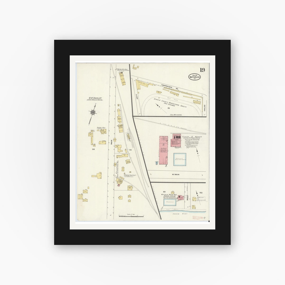 Old map wall art mockup — black gallery frame with white mat — Sanborn Fire Insurance Map from Waterloo, Seneca County, New York (1911), Sheet #0019